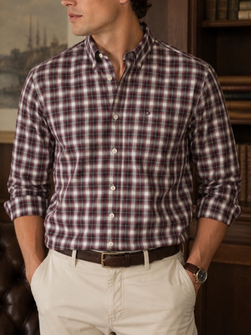 Tommy Hilfiger Maroon Plaid Button Down Shirt | Preppy Old Money Men’s Medium